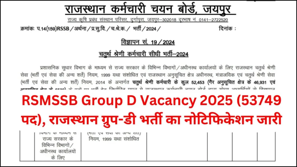 RSMSSB Group D Vacancy 2025 Notification Released