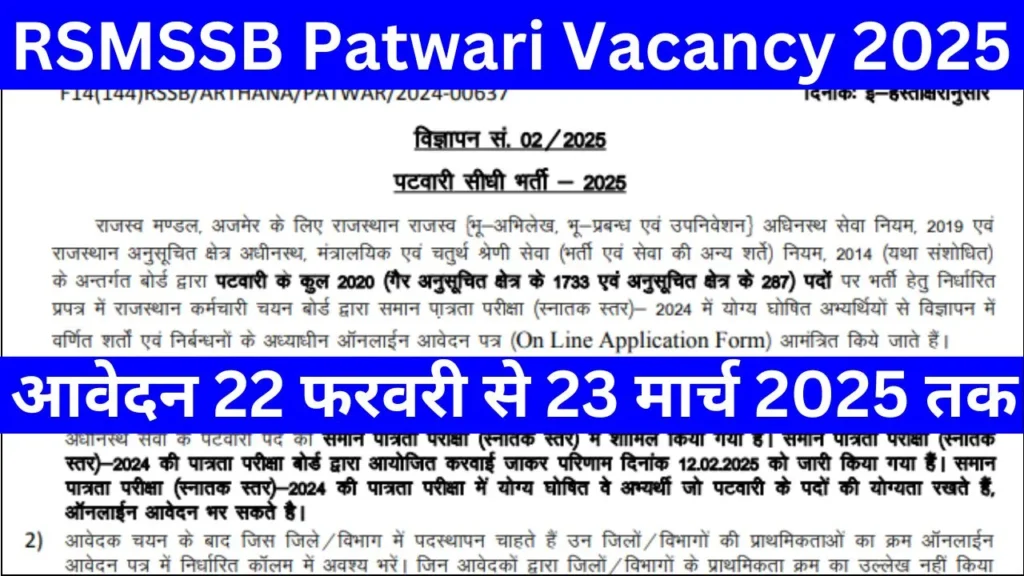 RSMSSB Patwari Vacancy 2025 notification released